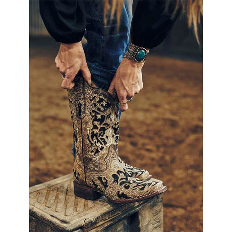 Bota Vaquera Corral Con Cristales Gliter Negro